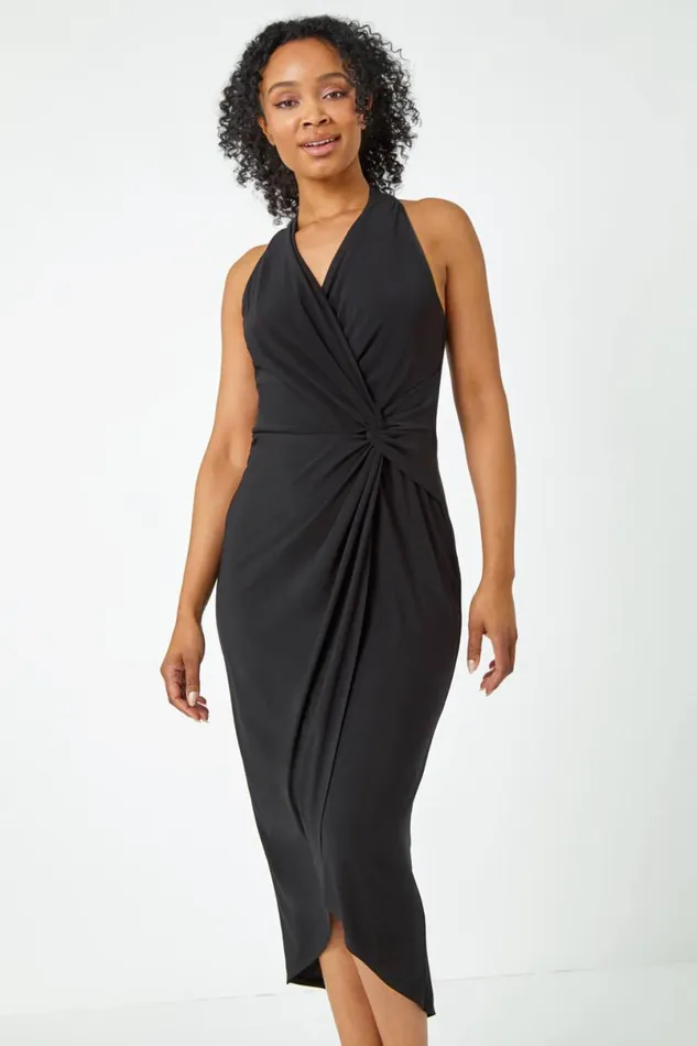 Black Petite Halter Neck Twist Wrap Dress Women Roman Dresses