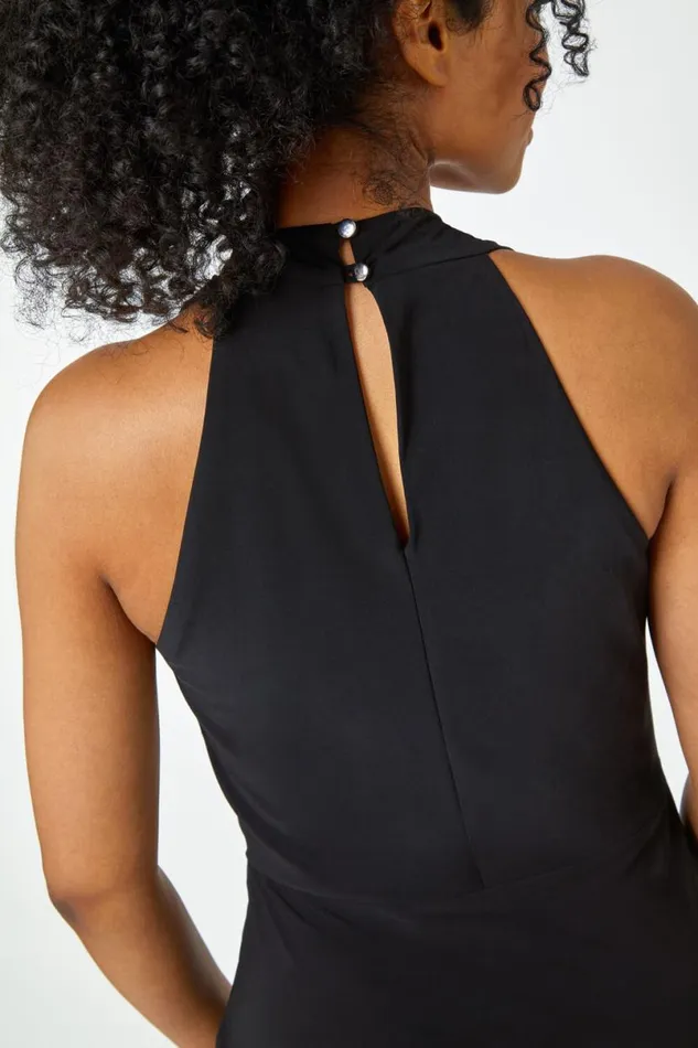 Black Petite Halter Neck Twist Wrap Dress Women Roman Dresses