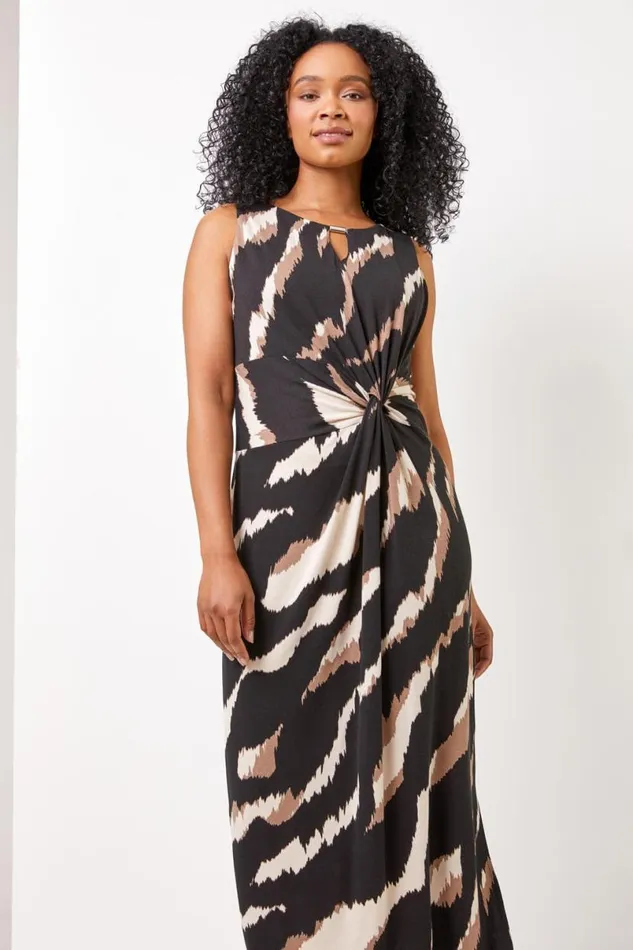 Black Petite Tiger Twist Waist Ruched Maxi Dress Women Roman Dresses