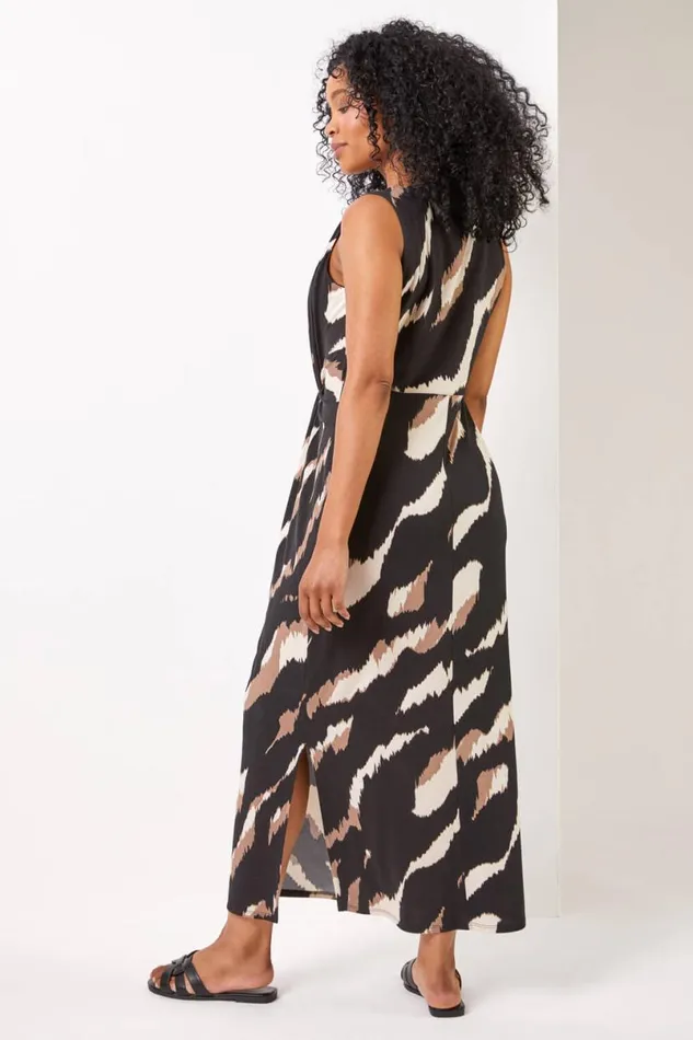 Black Petite Tiger Twist Waist Ruched Maxi Dress Women Roman Dresses