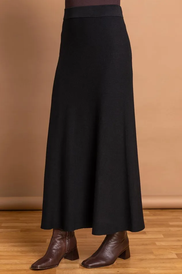 Black Plain Elastic Waist Knitted A Line Midi Skirt Women Roman Skirts