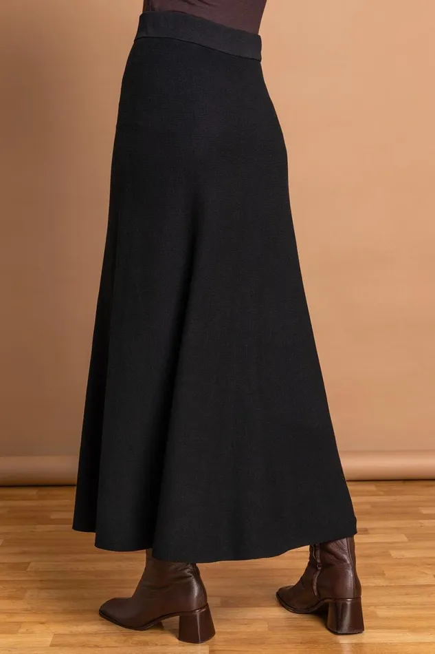 Black Plain Elastic Waist Knitted A Line Midi Skirt Women Roman Skirts