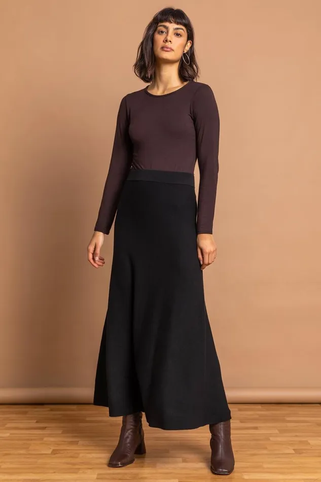 Black Plain Elastic Waist Knitted A Line Midi Skirt Women Roman Skirts