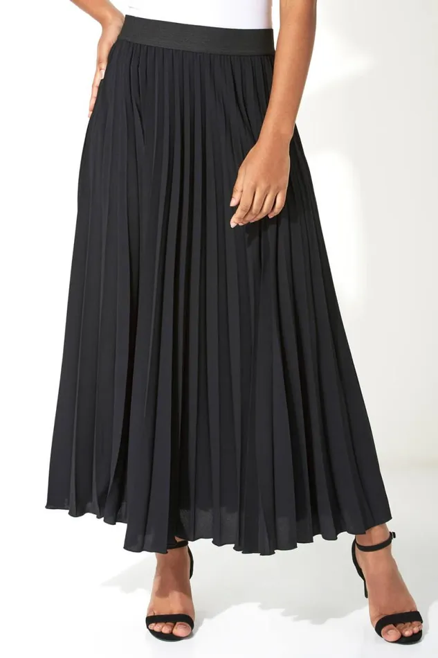 Black Pleated Elastic Waist Maxi Skirt Women Roman Skirts