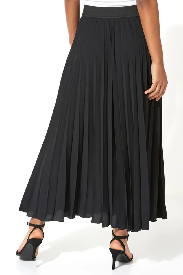 Black Pleated Elastic Waist Maxi Skirt Women Roman Skirts