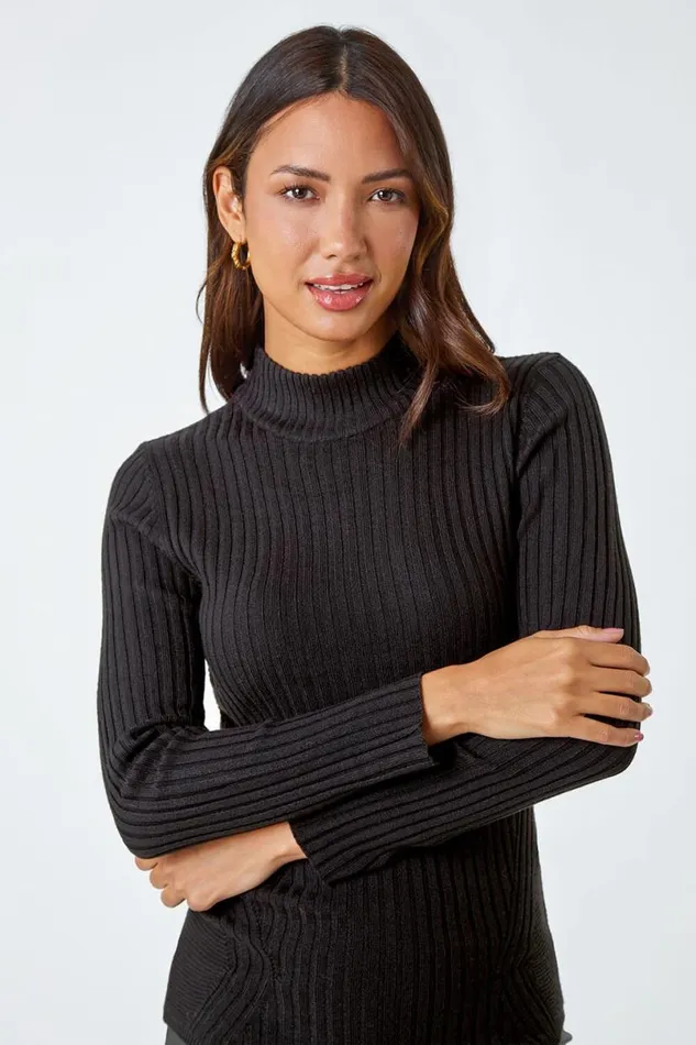 Black Ribbed Knit Turtleneck Jumper Women Roman Tops