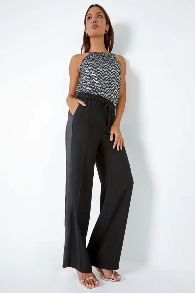 Black Satin Stripe Elastic Waist Wide Leg Trousers Women Roman Trousers