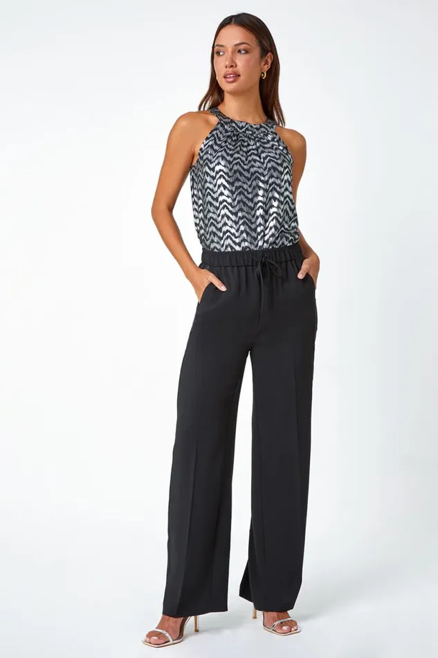 Black Satin Stripe Elastic Waist Wide Leg Trousers Women Roman Trousers