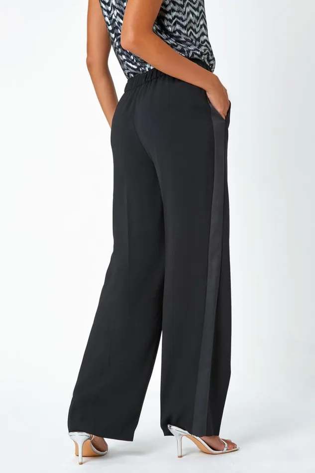 Black Satin Stripe Elastic Waist Wide Leg Trousers Women Roman Trousers