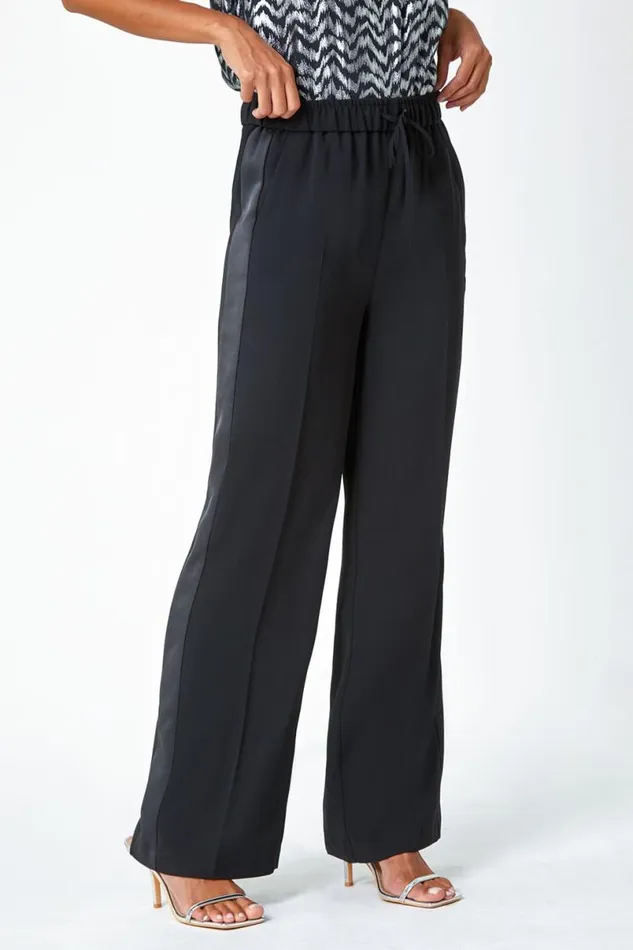 Black Satin Stripe Elastic Waist Wide Leg Trousers Women Roman Trousers