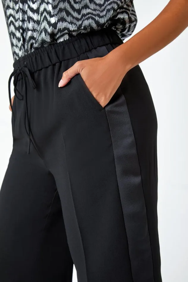 Black Satin Stripe Elastic Waist Wide Leg Trousers Women Roman Trousers