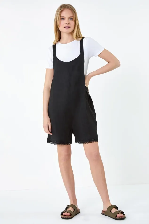 Black Scallop Lace Trim Pocket Playsuit Women Roman Dresses