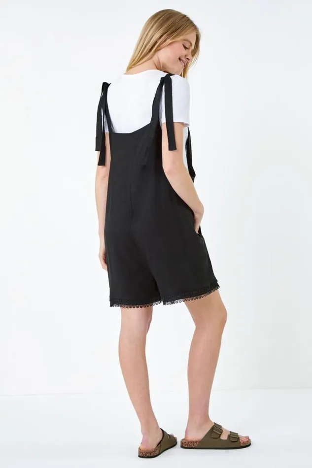 Black Scallop Lace Trim Pocket Playsuit Women Roman Dresses