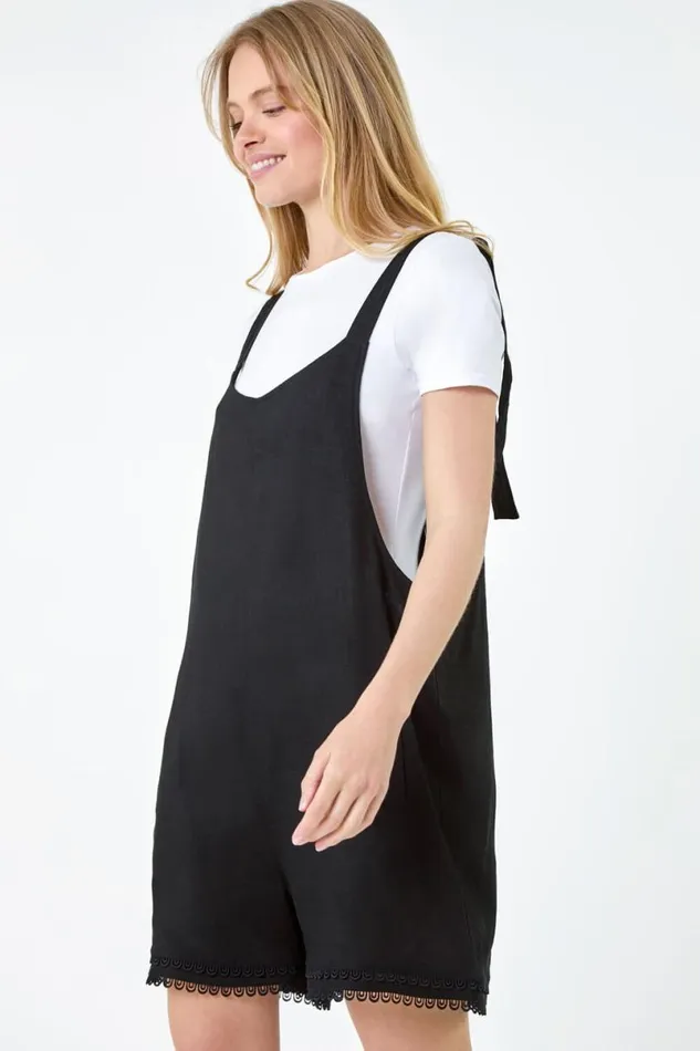 Black Scallop Lace Trim Pocket Playsuit Women Roman Dresses