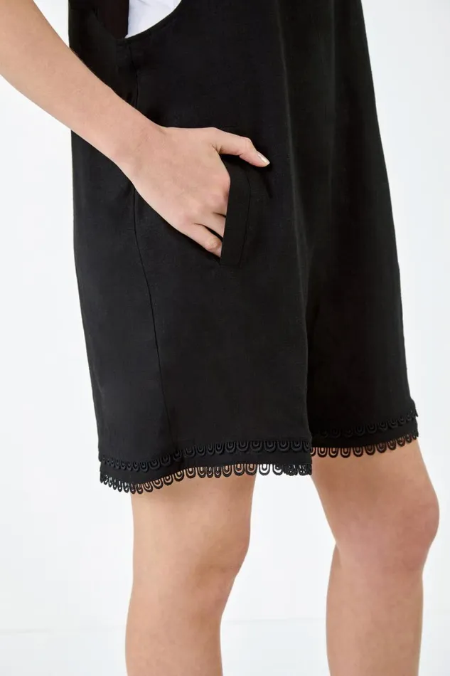 Black Scallop Lace Trim Pocket Playsuit Women Roman Dresses