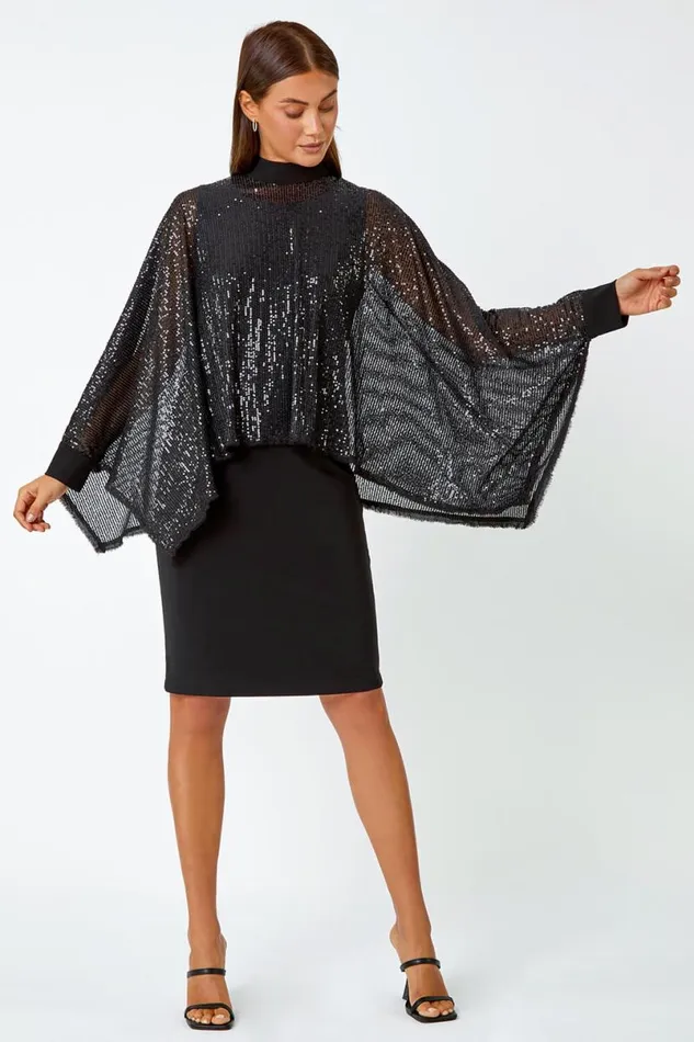 Black Sequin Overlay Stretch Bodycon Dress Women Roman Dresses