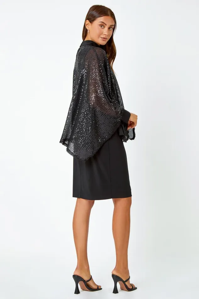 Black Sequin Overlay Stretch Bodycon Dress Women Roman Dresses
