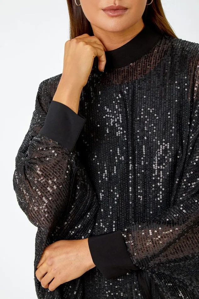 Black Sequin Overlay Stretch Bodycon Dress Women Roman Dresses