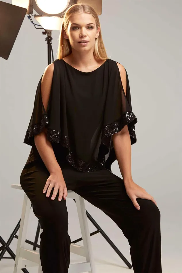 Black Sequin Trim Overlay Jumpsuit Women Roman Dresses