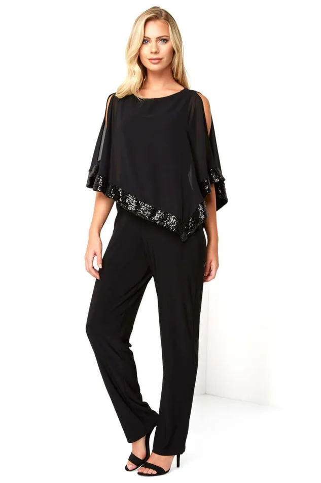 Black Sequin Trim Overlay Jumpsuit Women Roman Dresses