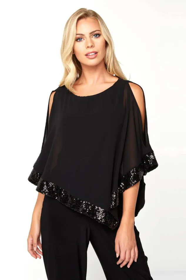 Black Sequin Trim Overlay Jumpsuit Women Roman Dresses