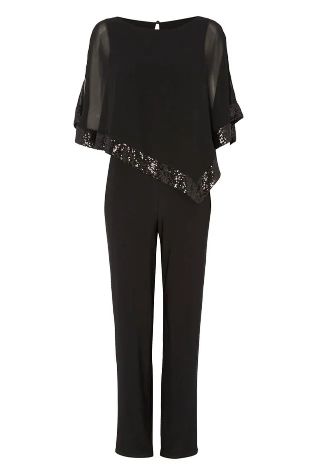 Black Sequin Trim Overlay Jumpsuit Women Roman Dresses