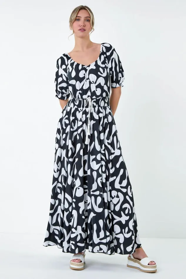 Black Shirred Waist Abstract Print Maxi Dress Women Roman Dresses