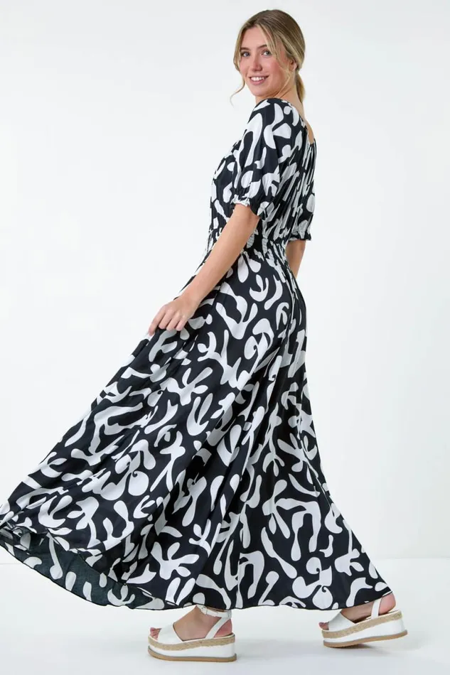 Black Shirred Waist Abstract Print Maxi Dress Women Roman Dresses