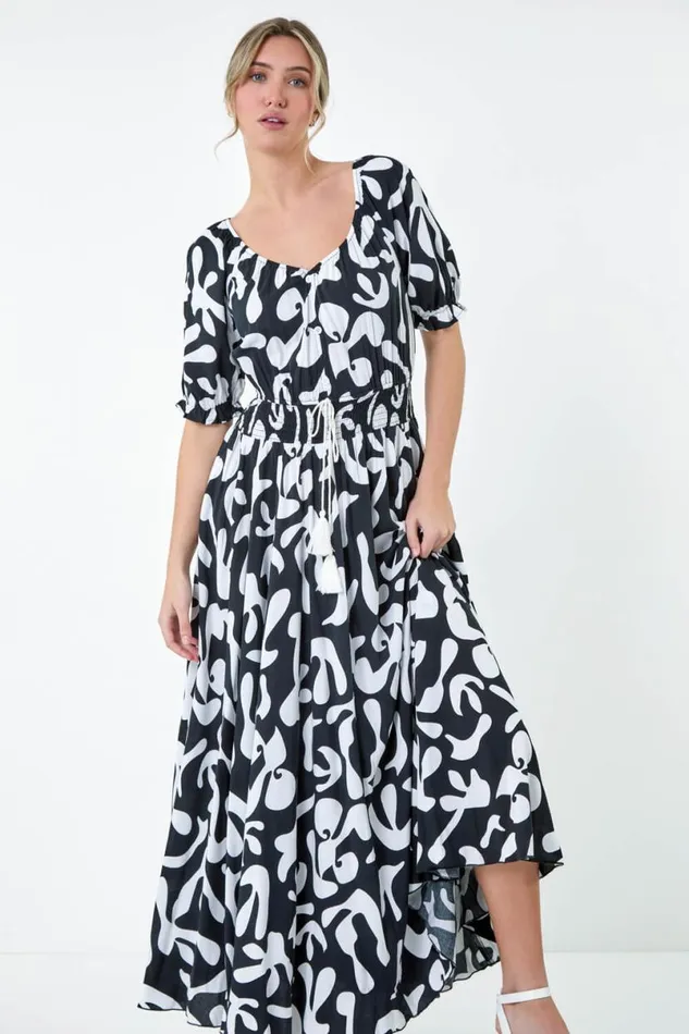 Black Shirred Waist Abstract Print Maxi Dress Women Roman Dresses