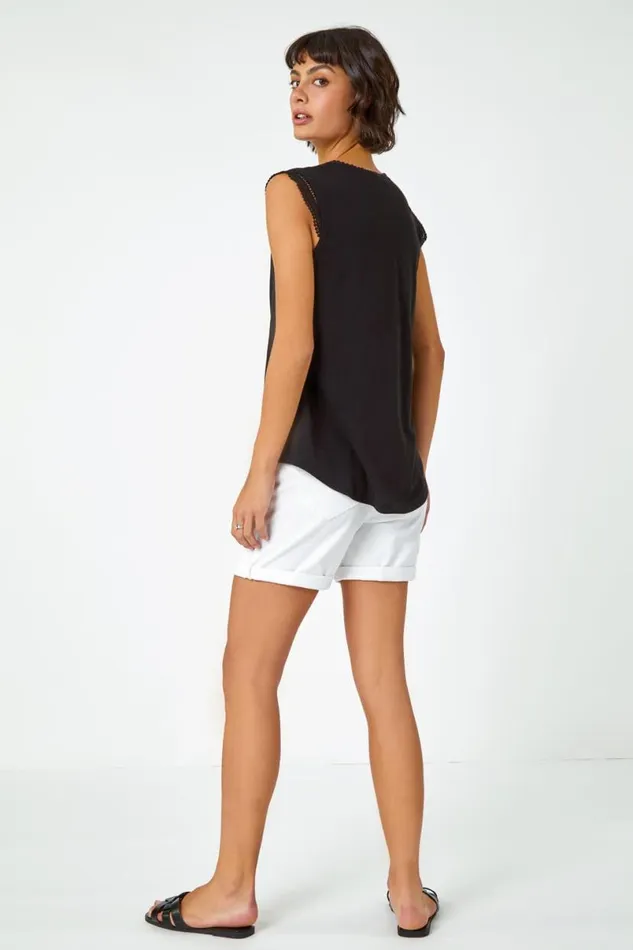 Black Sleeveless Lace Trim Cotton Top Women Roman Tops
