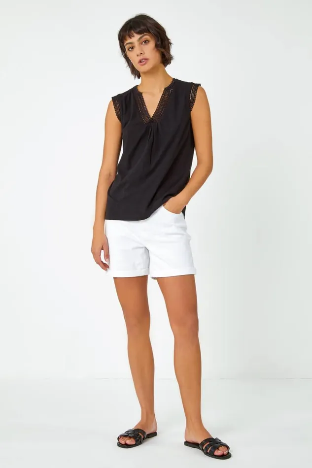 Black Sleeveless Lace Trim Cotton Top Women Roman Tops