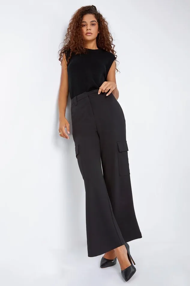 Black Smart Wide Leg Cargo Stretch Trouser Women Roman Trousers