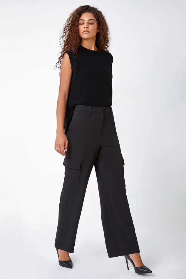 Black Smart Wide Leg Cargo Stretch Trouser Women Roman Trousers