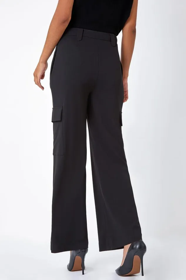 Black Smart Wide Leg Cargo Stretch Trouser Women Roman Trousers