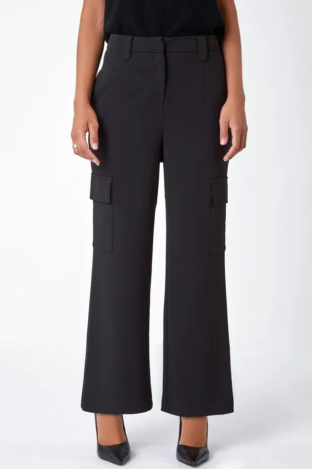 Black Smart Wide Leg Cargo Stretch Trouser Women Roman Trousers