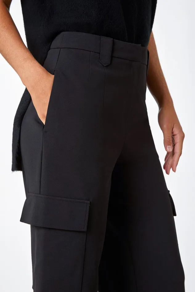 Black Smart Wide Leg Cargo Stretch Trouser Women Roman Trousers