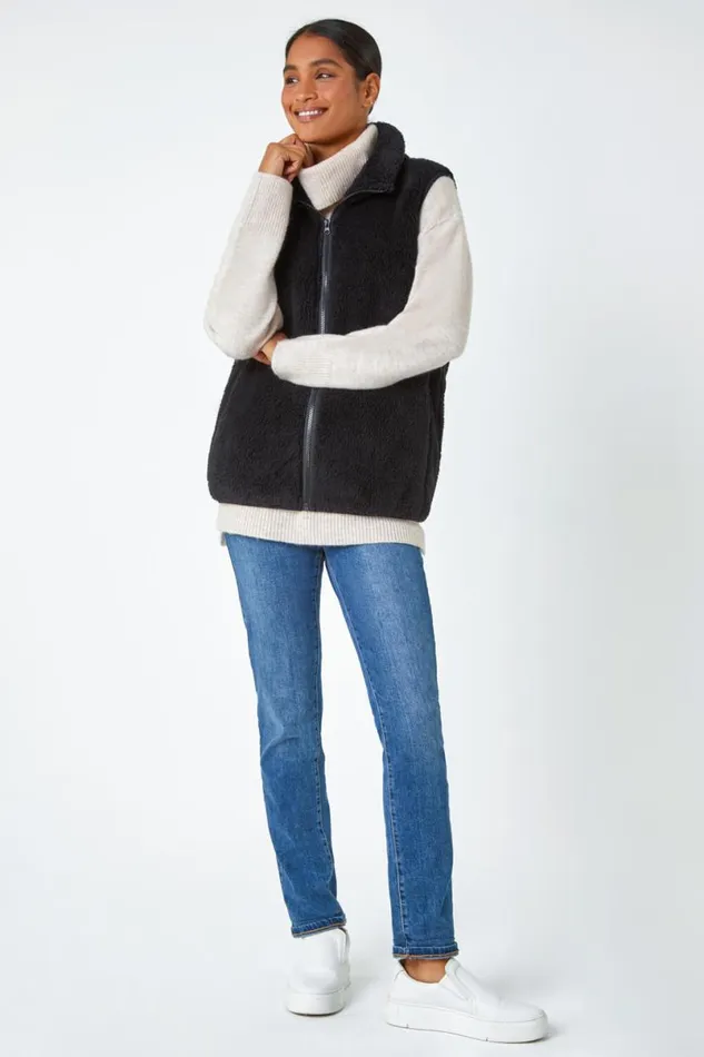Black Soft Sherpa Fleece Gilet Women Roman Jackets