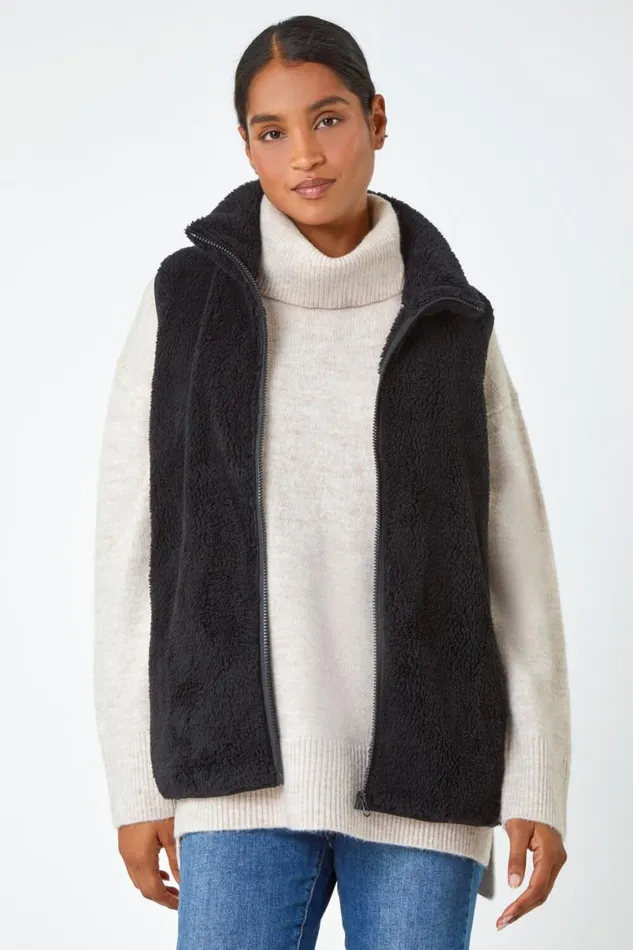 Black Soft Sherpa Fleece Gilet Women Roman Jackets