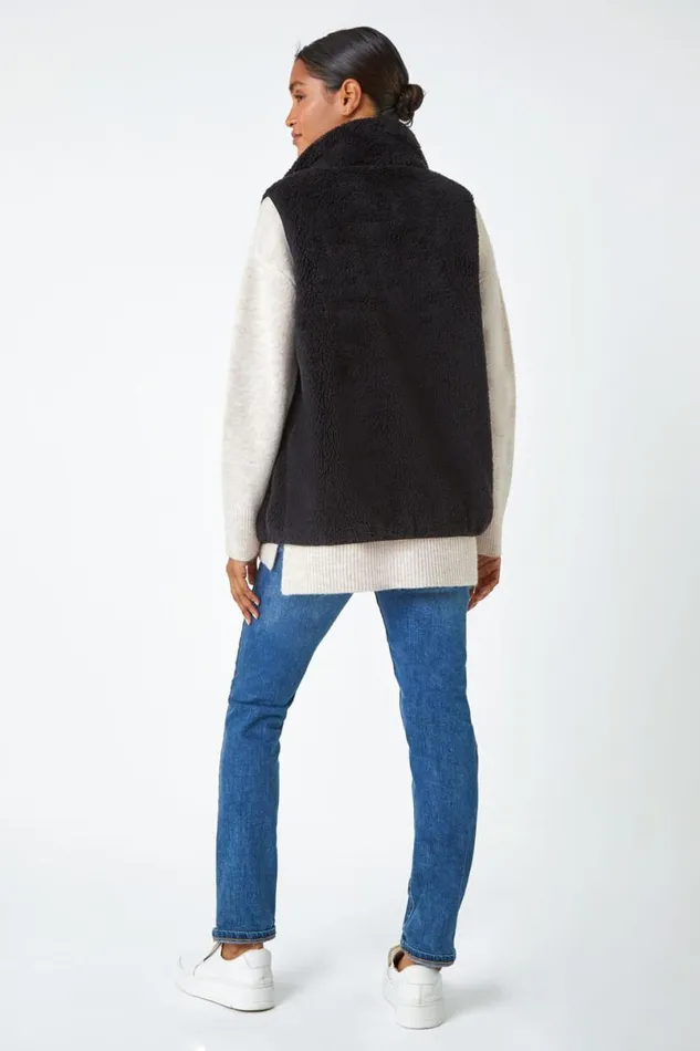 Black Soft Sherpa Fleece Gilet Women Roman Jackets