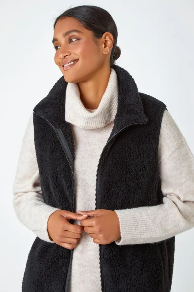 Black Soft Sherpa Fleece Gilet Women Roman Jackets