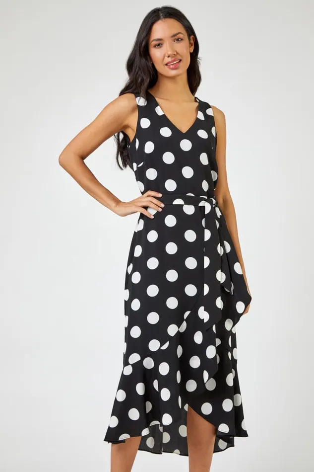 Black Spot Print Frill Hem Midi Dress Women Roman Dresses