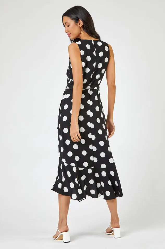 Black Spot Print Frill Hem Midi Dress Women Roman Dresses