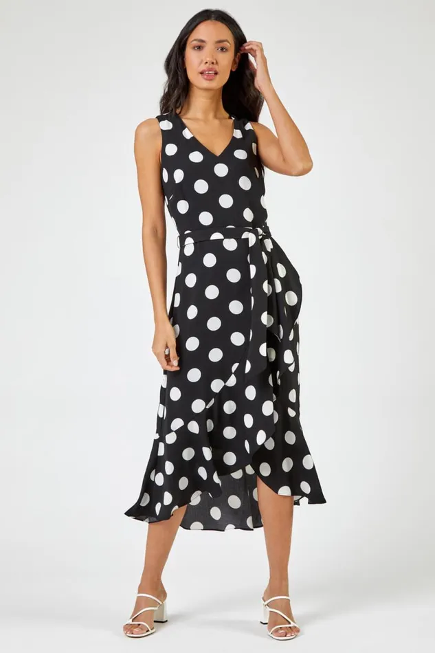 Black Spot Print Frill Hem Midi Dress Women Roman Dresses