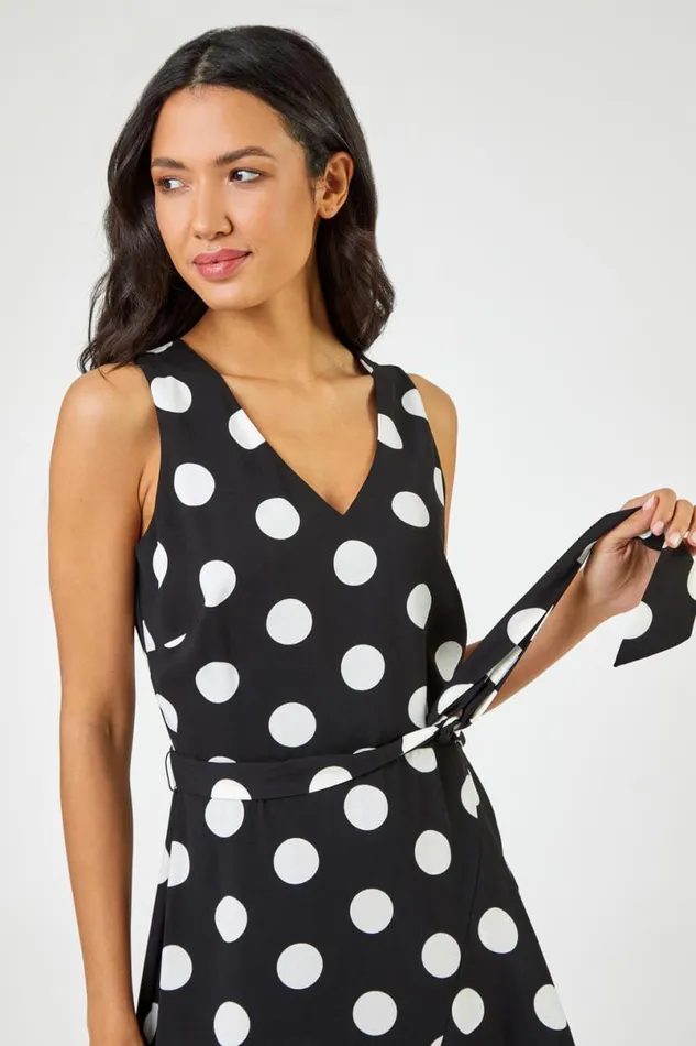 Black Spot Print Frill Hem Midi Dress Women Roman Dresses