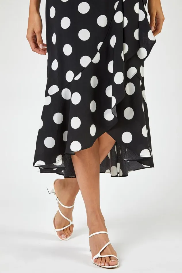 Black Spot Print Frill Hem Midi Dress Women Roman Dresses