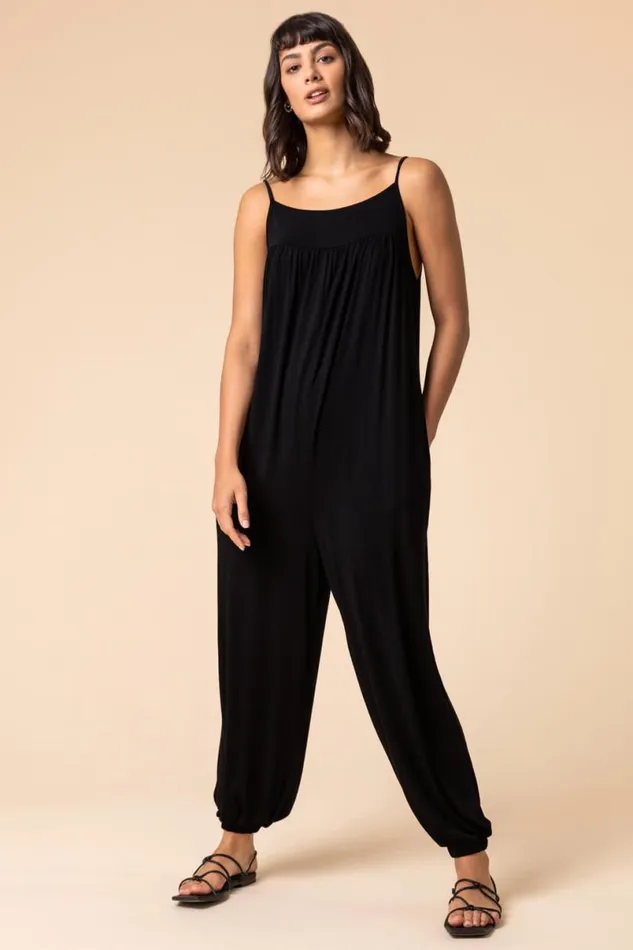 Black Strappy Full Length Jersey Jumpsuit Women Roman Dresses