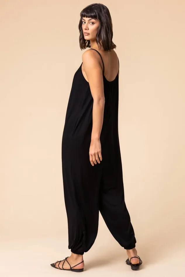 Black Strappy Full Length Jersey Jumpsuit Women Roman Dresses