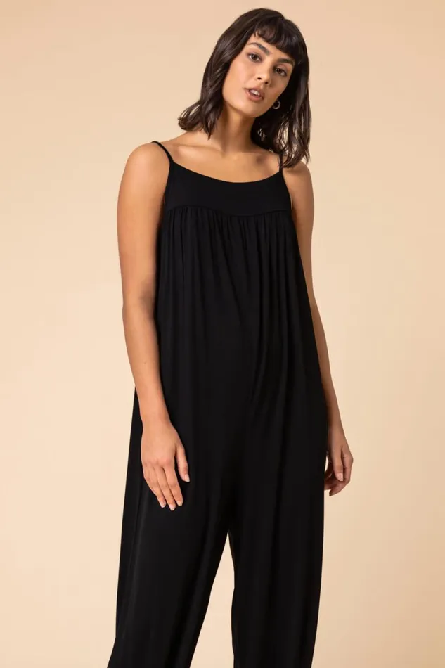 Black Strappy Full Length Jersey Jumpsuit Women Roman Dresses