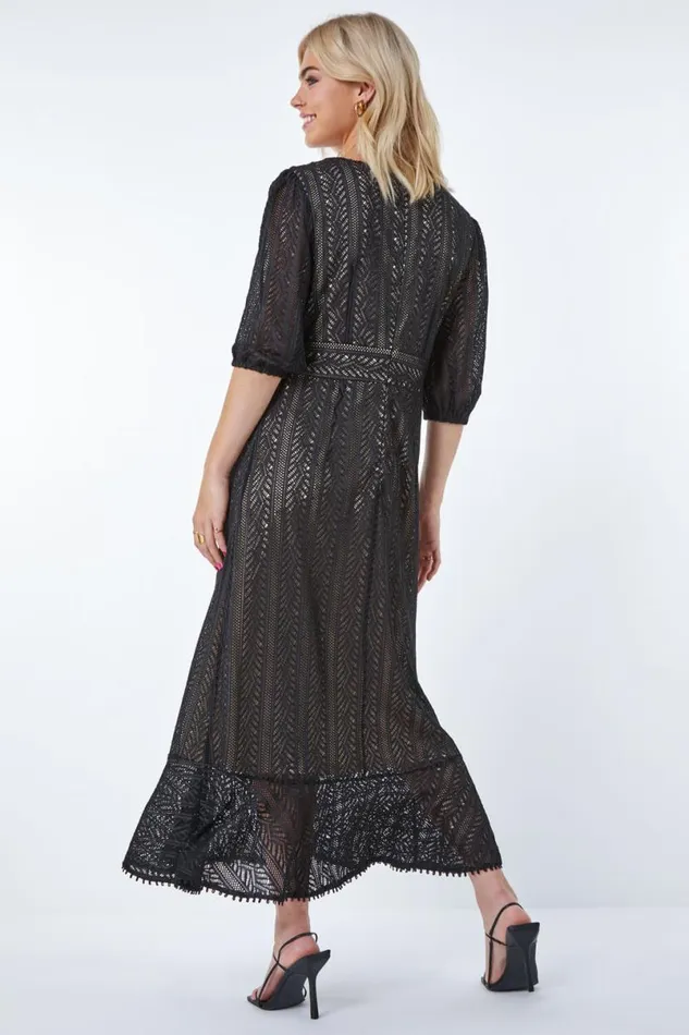 Black Stretch Lace Frill Hem Dress Women Roman Dresses