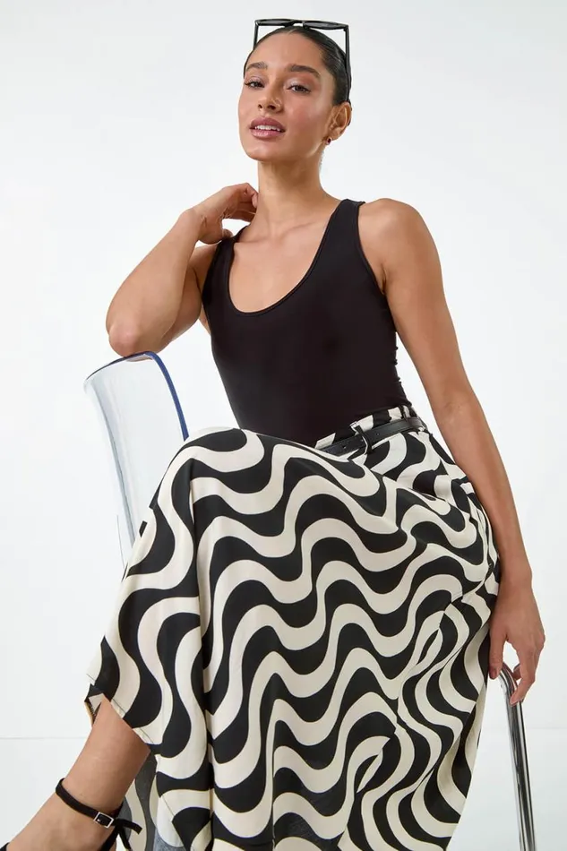 Black Swirl Print Belted Hanky Hem Midi Skirt Women Roman Skirts